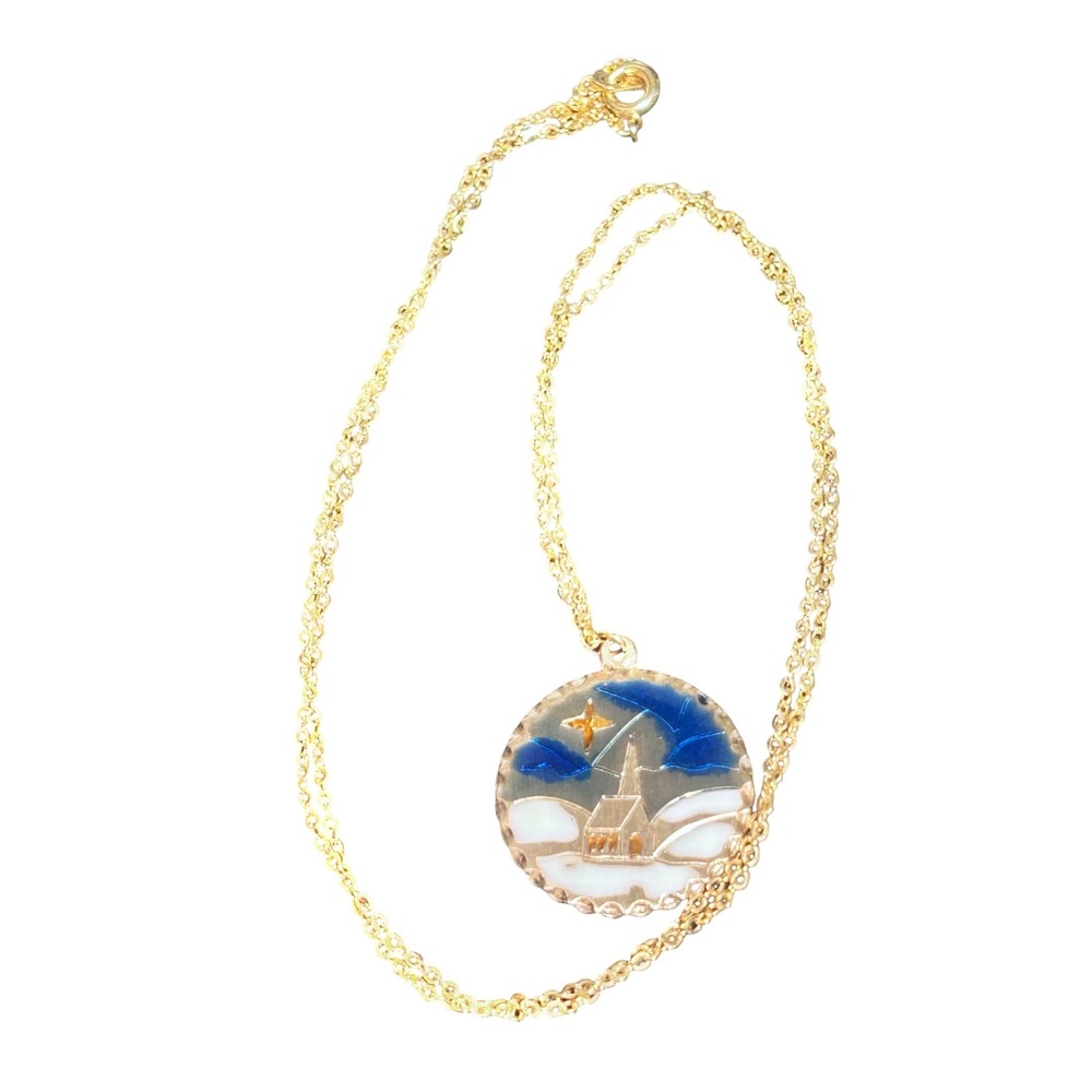Kelly Waters Gold Tone Enamel Church Winter Scene Pendant Necklace 24" Chain New
